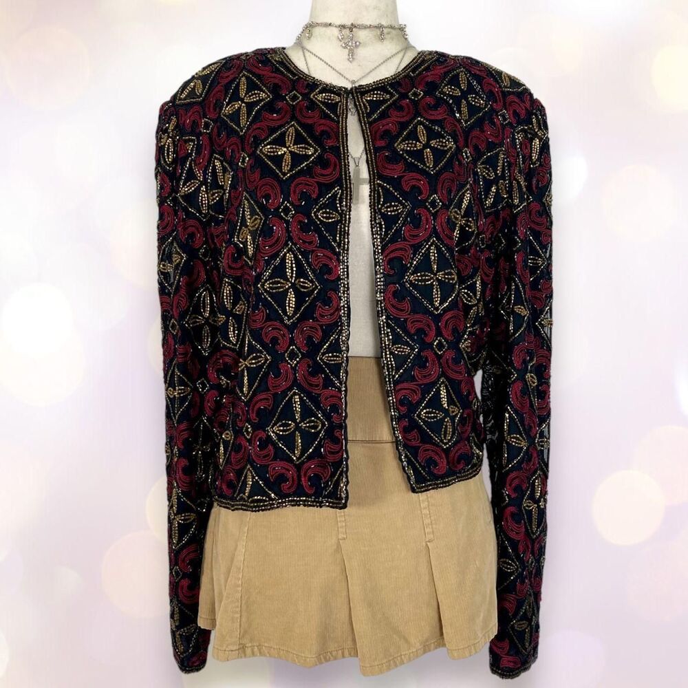Vintage Ethereal Whimsygoth Multi Beaded 100% Silk Cardigan Cropped Jacket L